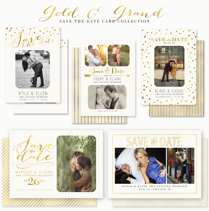 Gold and Grand Save the Dates by Jamie Schultz Designs